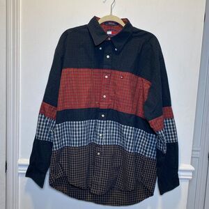 Y2K Tommy Hilfiger Shirt XL Men Colorblock Plaid Patchwork Button Up Long Sleeve